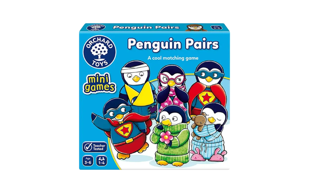 Orchard Toys Penguin Pairs game featuring colorful penguin characters for educational fun