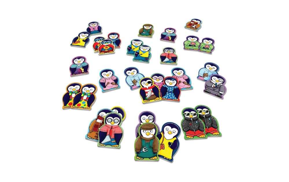 Orchard Toys Penguin Pairs game featuring colorful penguin character tiles for fun matching activities