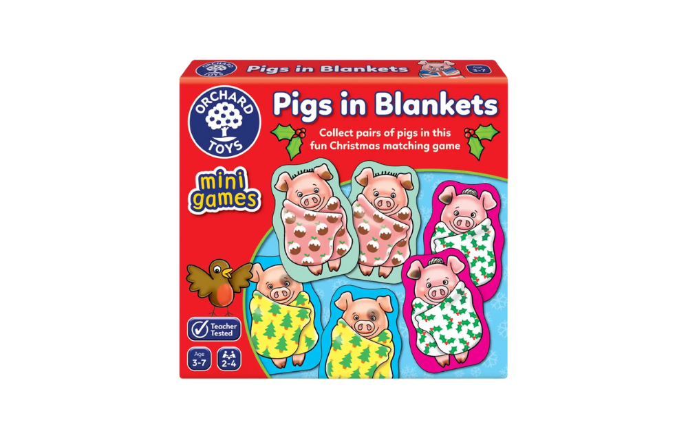 Orchard Toys Pigs in Blankets matching game for kids with colorful pig images and festive designs