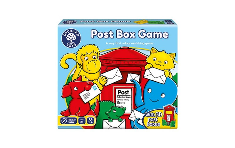 Post Box Game Orchard Toys featuring colorful animal characters and 3D post boxes for matching fun