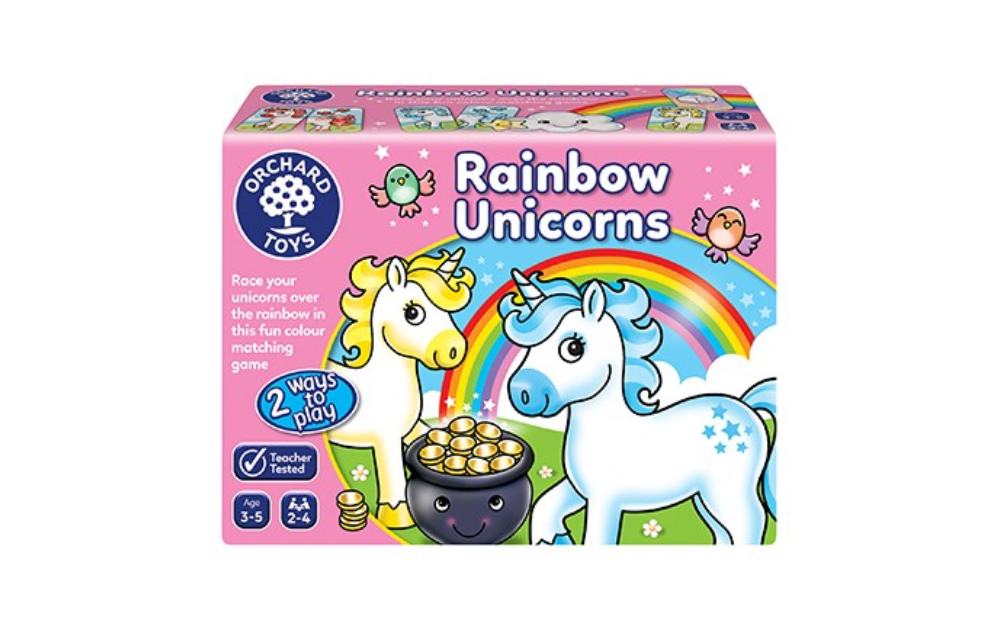 Orchard Toys Rainbow Unicorns matching game for kids featuring colorful unicorns and a pot of gold