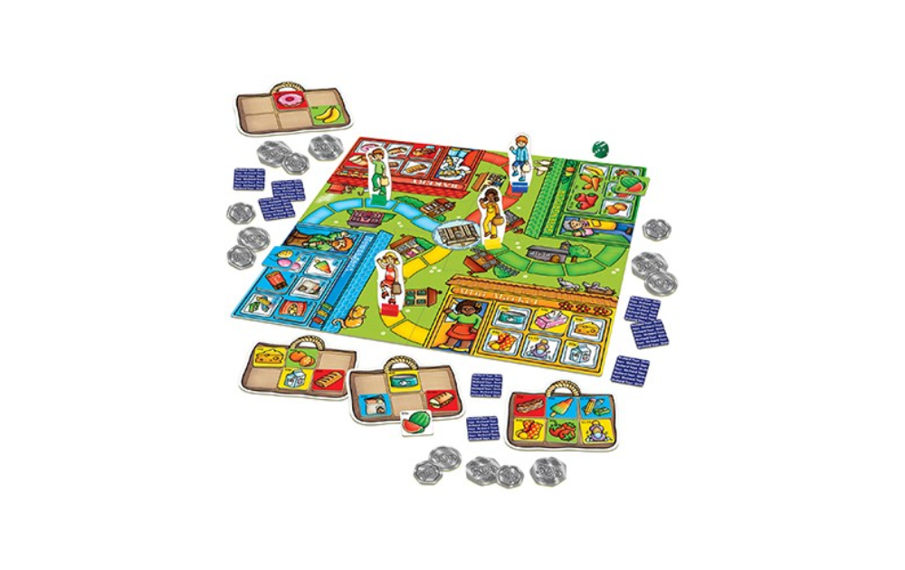 Colorful Orchard Toys shopping game with game board, tokens, and shopping bags for children
