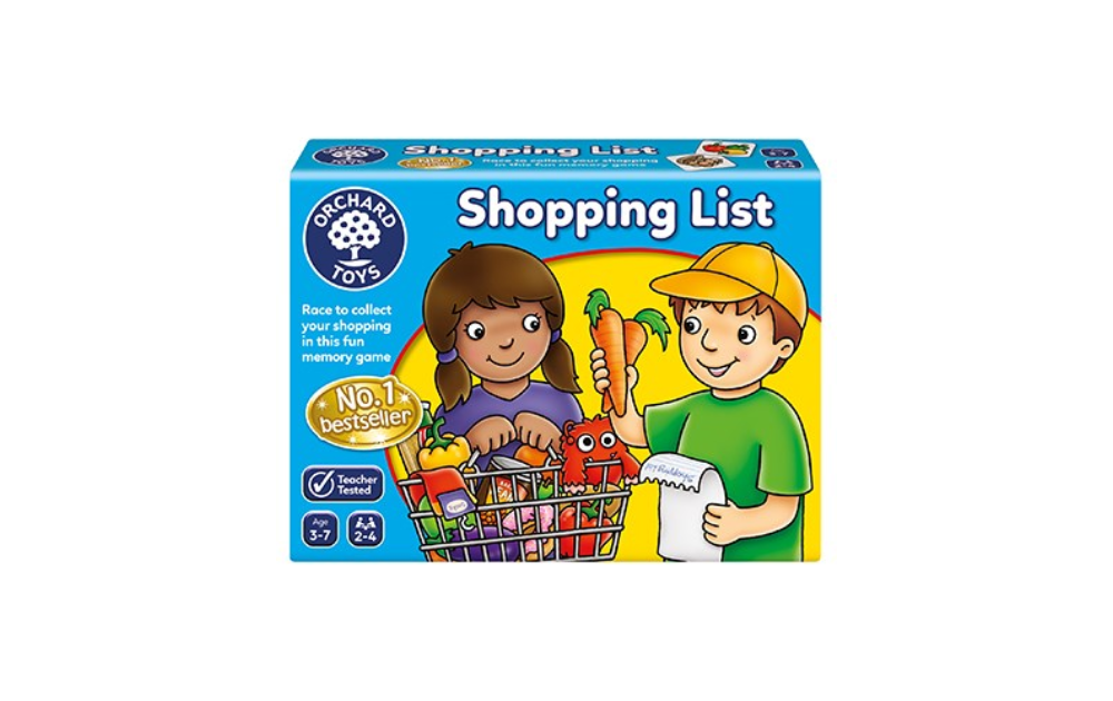 Orchard Toys Shopping List game featuring colorful illustrations of children collecting items in a shopping cart