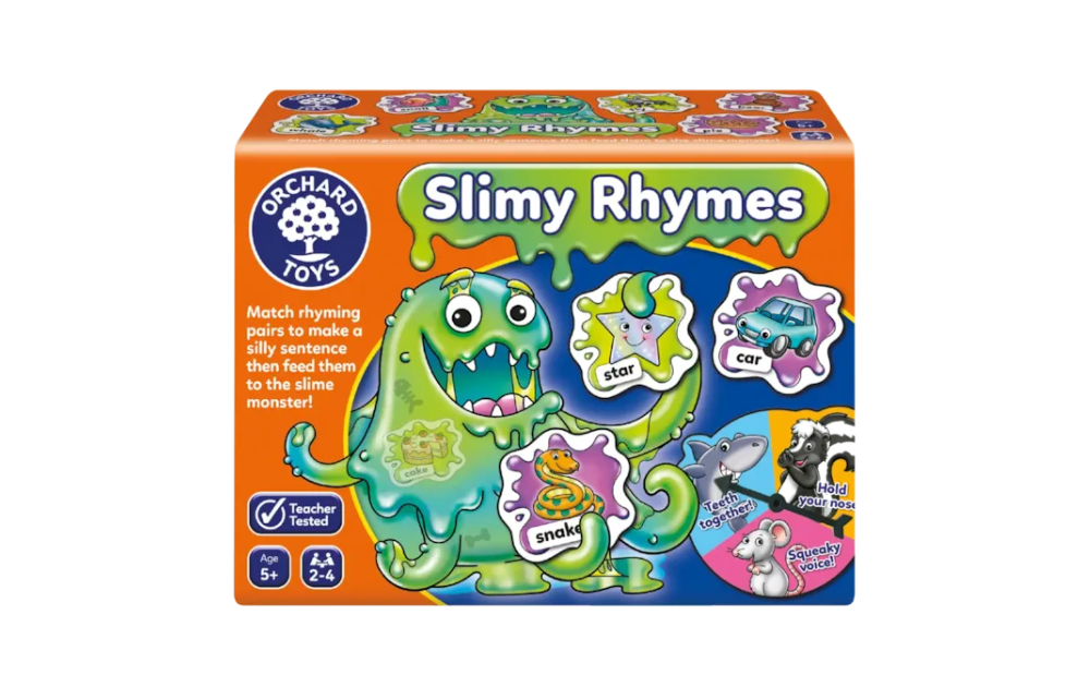 Slimy Rhymes Orchard Toys puzzle featuring a colorful monster for matching rhyming pairs