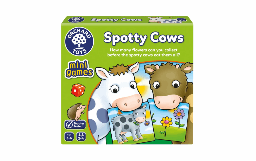 Spotty Cows jigsaw puzzle by Orchard Toys featuring colorful illustrations of cows and flowers