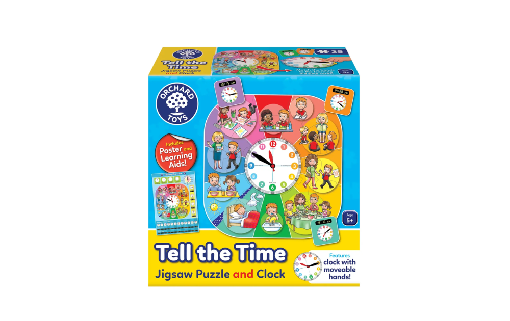 Tell the Time Jigsaw Puzzle and Clock by Orchard Toys featuring colourful illustrations and moveable clock hands, 60 pieces