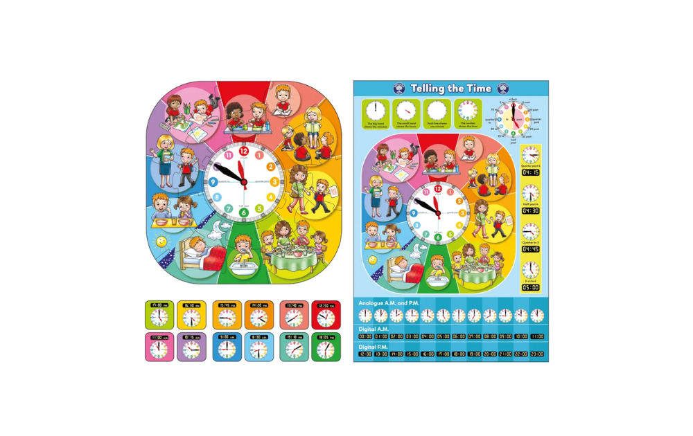 Tell the Time Jigsaw Puzzle and Clock by Orchard Toys featuring colourful illustrations for learning time, 24 pieces