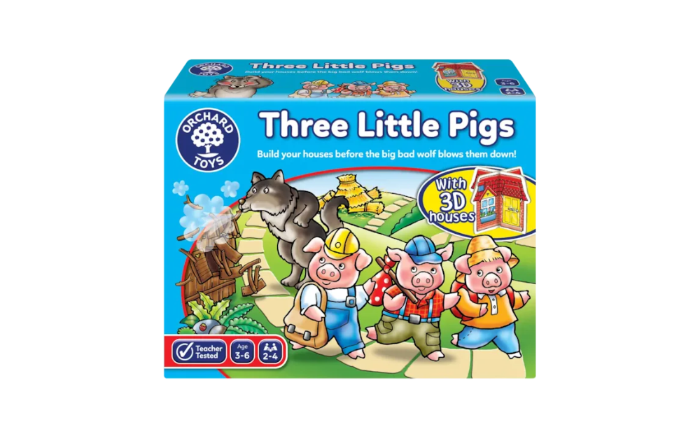 Orchard Toys Three Little Pigs board game featuring 3D houses and a big bad wolf for creative play
