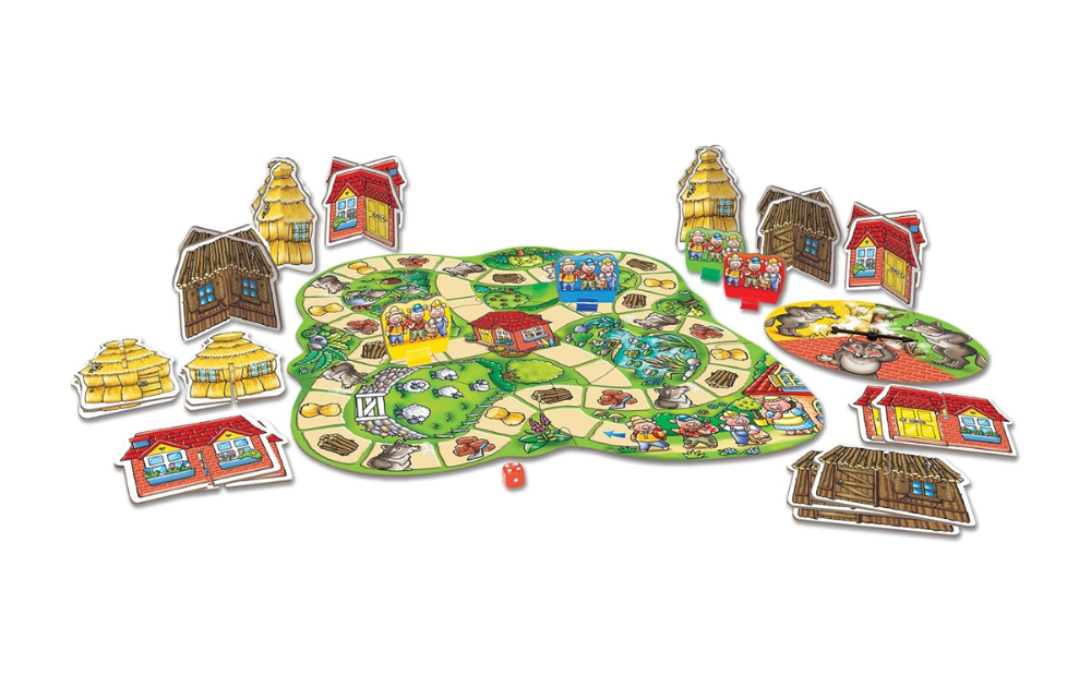 Three Little Pigs board game from Orchard Toys with colorful game board and character pieces
