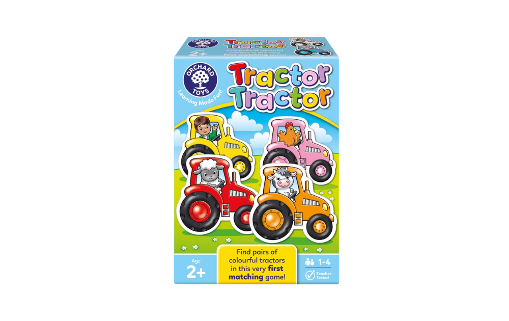 Tractor Tractor Game by Orchard Toys featuring colourful tractor cards for matching fun, suitable for ages 2 and up.