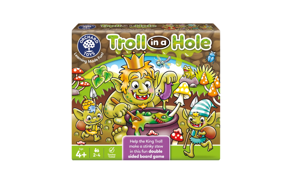 Troll in a Hole Game by Orchard Toys featuring vibrant characters and a fun double-sided board for 2-4 players