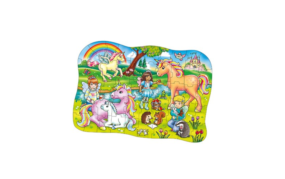Orchard Toys Unicorn Friends jigsaw puzzle featuring colorful unicorns and children in a magical landscape