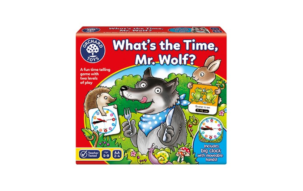 Orchard Toys What's the Time Mr. Wolf game box featuring colorful illustrations and clock components