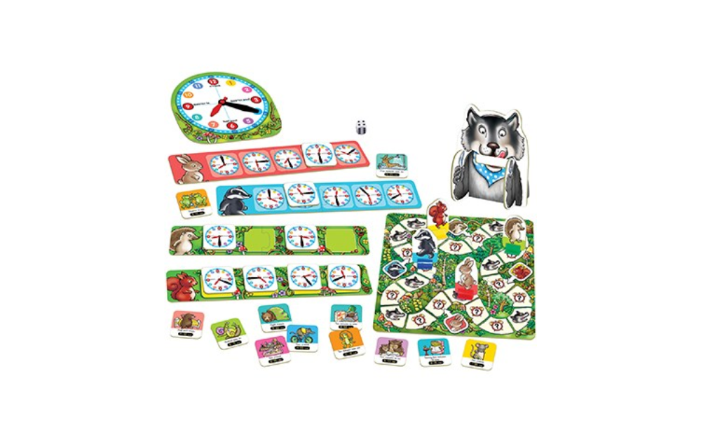 What's the Time Mr. Wolf game by Orchard Toys featuring colorful clock and animal cards