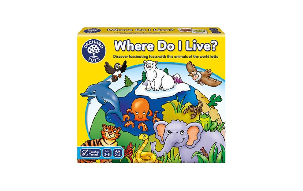 Orchard Toys Where Do I Live game featuring animals and world map for educational fun
