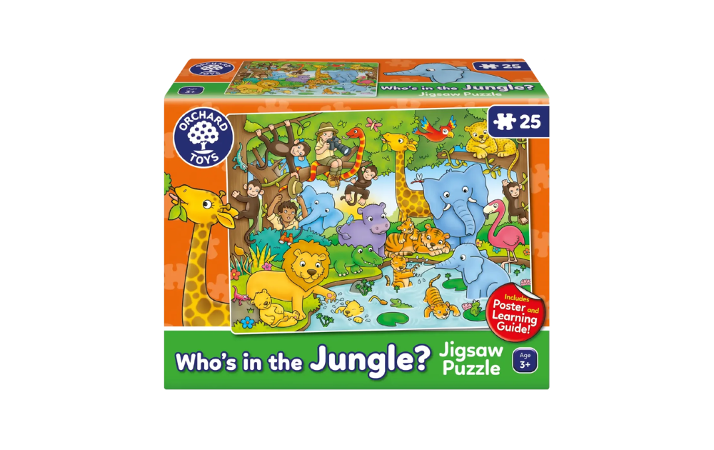 Who's Who in the Jungle 25 Piece Jigsaw Puzzle by Orchard Toys featuring vibrant jungle animals and scenery