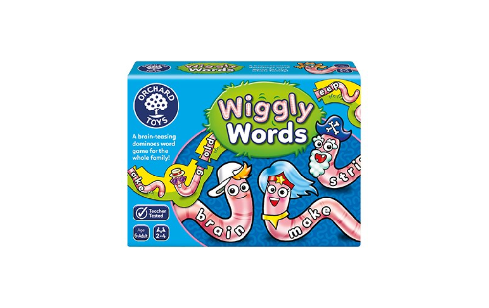 Orchard Toys Wiggly Words game for kids, a fun and educational word-building puzzle for family play.
