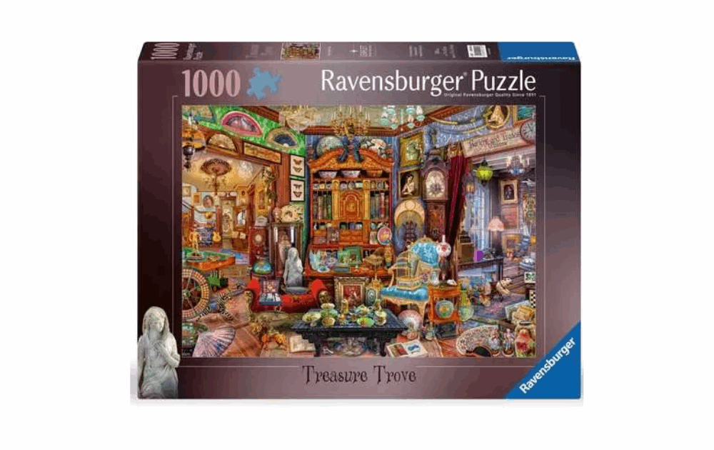 Treasure Trove puzzle Ravensburger featuring a colorful and detailed collection of artifacts in a cozy scene