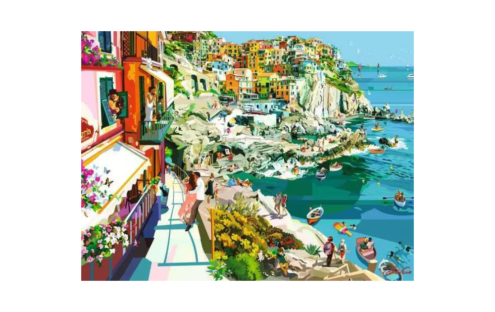 Ravensburger Romance in Cinque Terre jigsaw puzzle colourful coastal village scene with boats and cliffside houses
