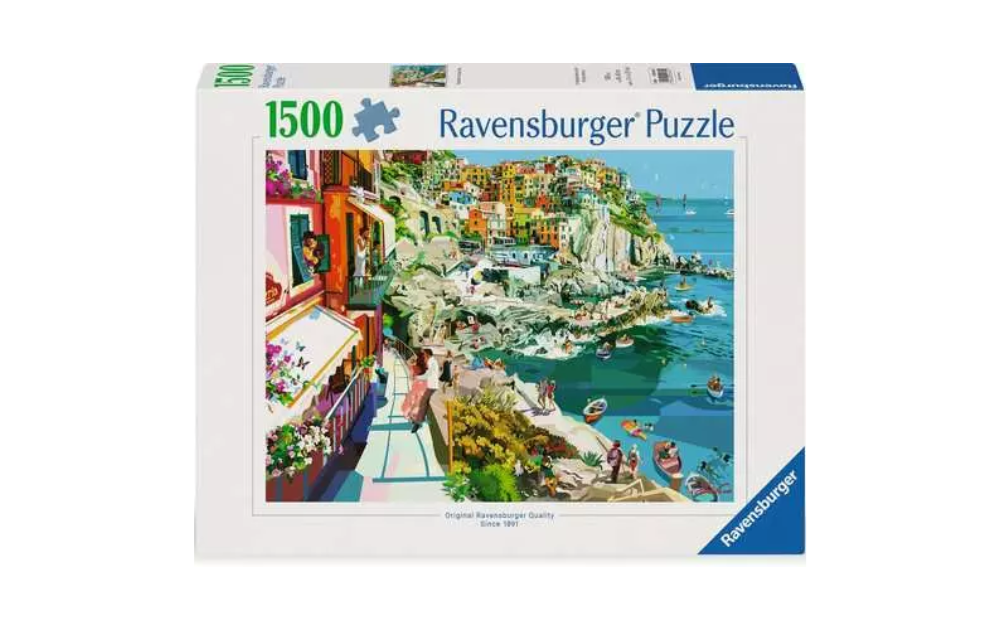 Ravensburger Romance in Cinque Terre jigsaw puzzle 1500 piece box showing colourful coastal village cliffs and boats