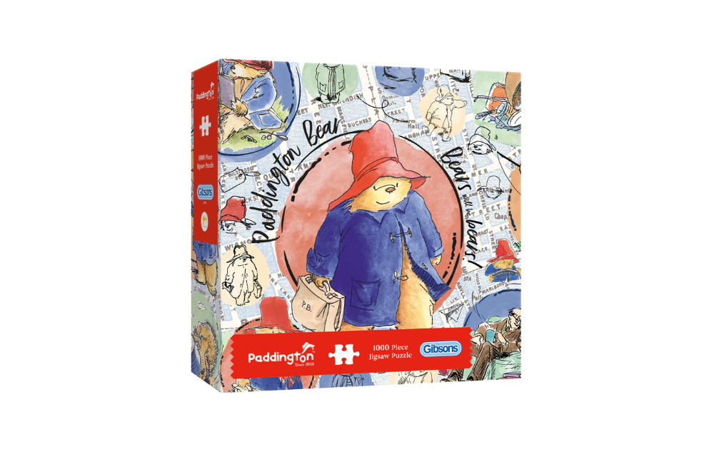 Gibsons Paddington Bear jigsaw puzzle box featuring colorful illustrations and designs