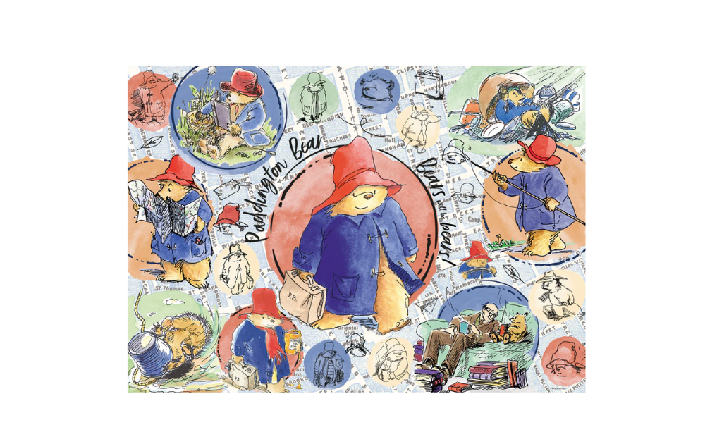 Gibsons Paddington Bear jigsaw puzzle featuring colorful illustrations of Paddington in various scenes