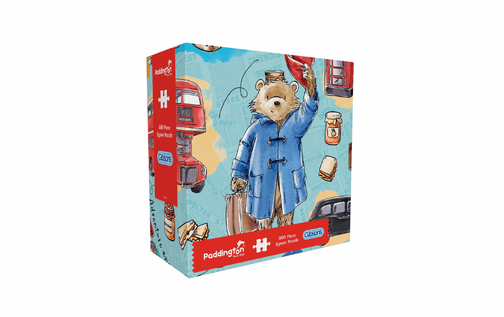 Gibsons Paddington Bear jigsaw puzzle featuring Paddington in a London setting with iconic red buses
