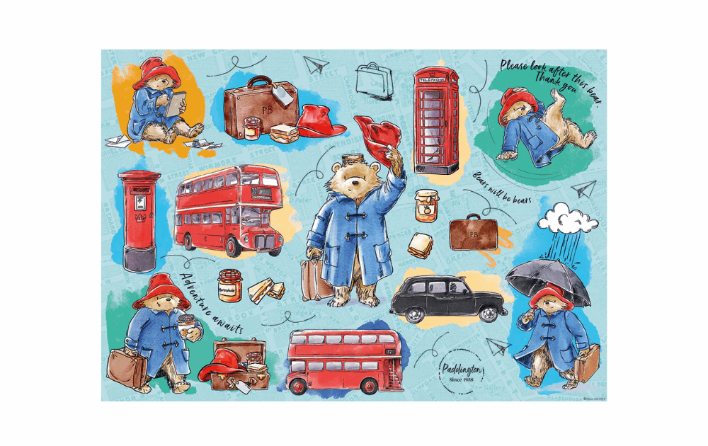 Gibsons Paddington Bear jigsaw puzzle featuring colorful illustrations of Paddington and iconic London scenes