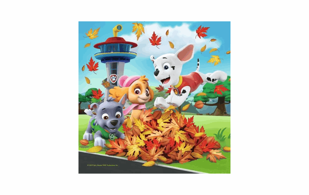 Ravensburger Paw Patrol jigsaw puzzles featuring puppies playing in a pile of autumn leaves