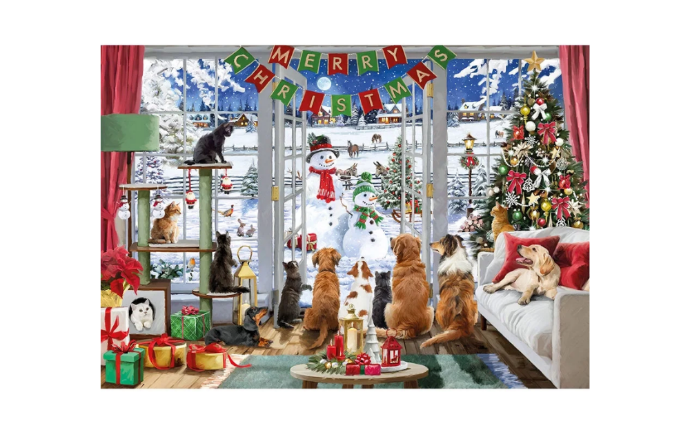 Paw-sitively Perfect Christmas 40 Piece Wentworth Wooden Jigsaw Puzzle showing dogs enjoying a festive scene