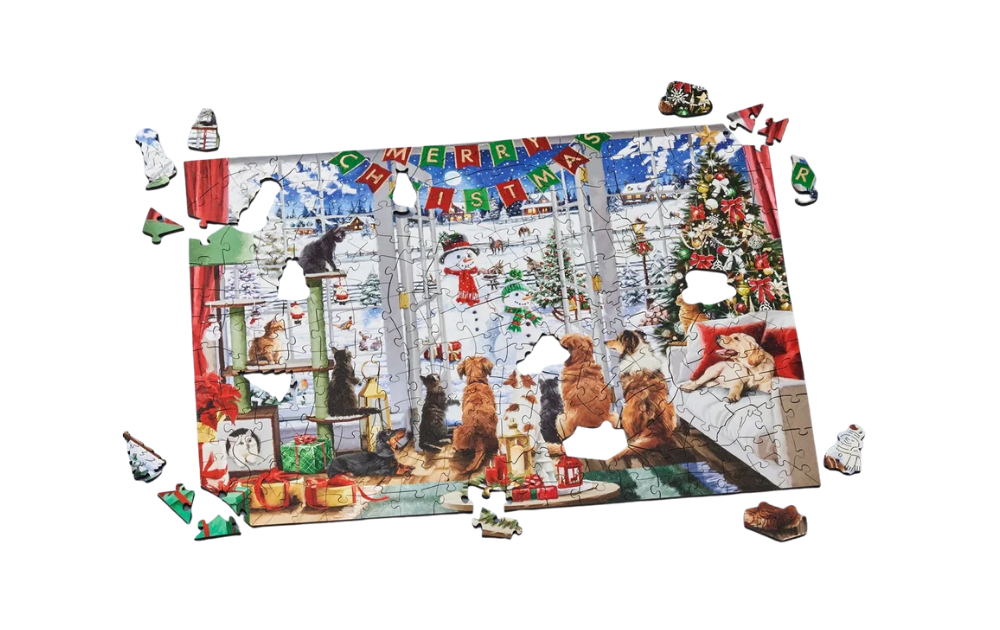 Paw-sitively Perfect Christmas 40 Piece Wentworth Wooden Jigsaw Puzzle with festive dogs and decorations