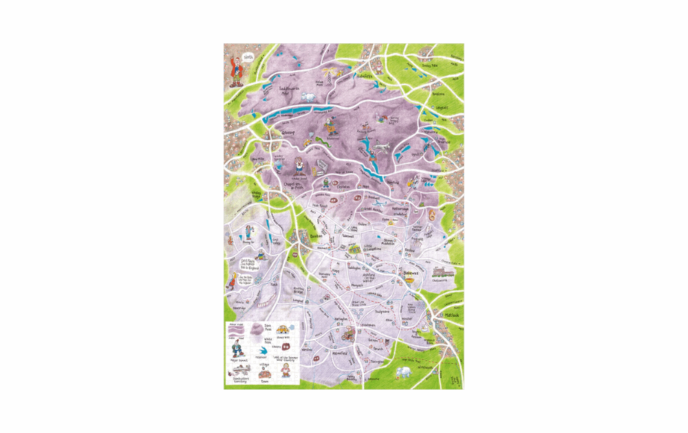 Colorful Peak District map puzzle featuring landmarks and walking trails for puzzle enthusiasts