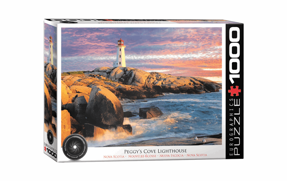 Eurographics Peggy's Cove puzzle 1000 pieces featuring a scenic lighthouse at sunset
