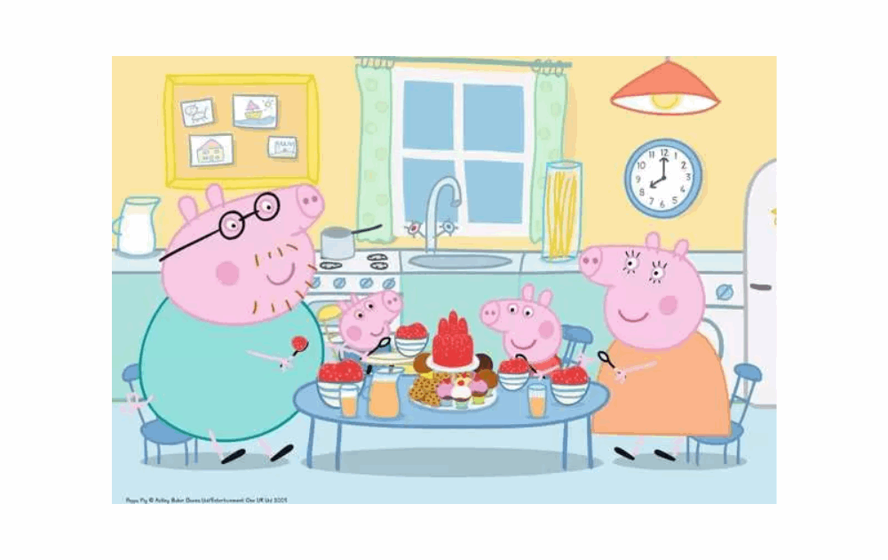 Ravensburger family time Peppa Pig puzzle featuring Peppa and her family at a cheerful kitchen table