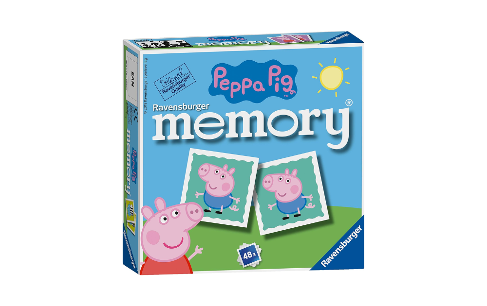 Peppa Pig memory game Ravensburger with colorful cards featuring Peppa and friends for kids