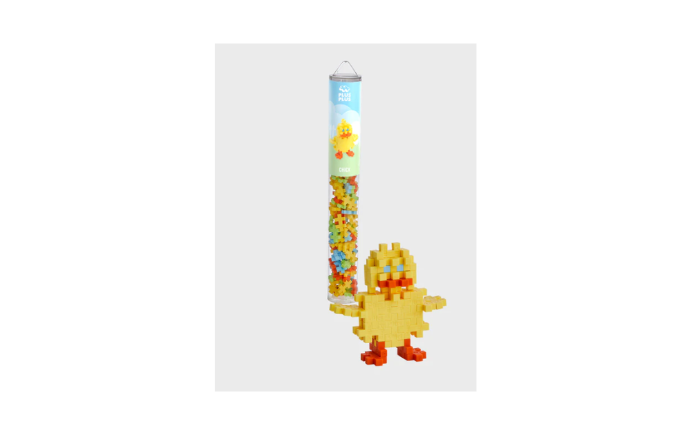 100 piece Plus Plus Chick set featuring colorful interlocking pieces to create a cheerful chick figure