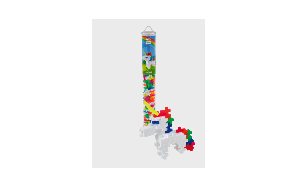 Plus Plus 100 piece unicorn building set in a tube with colorful interlocking pieces for creative play