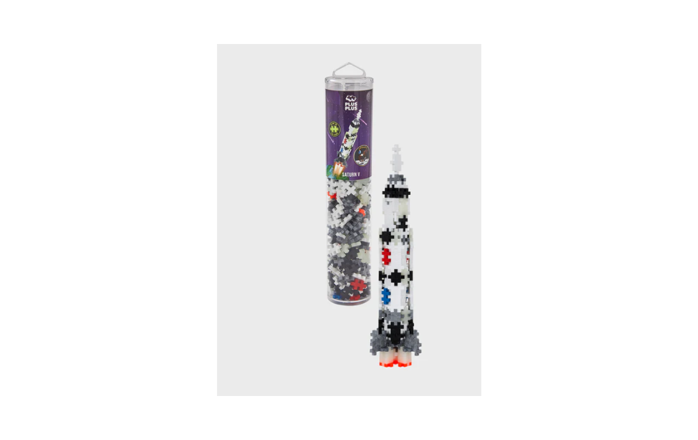 Plus Plus 240 piece Saturn V puzzle tube featuring buildable rocket design for creative play