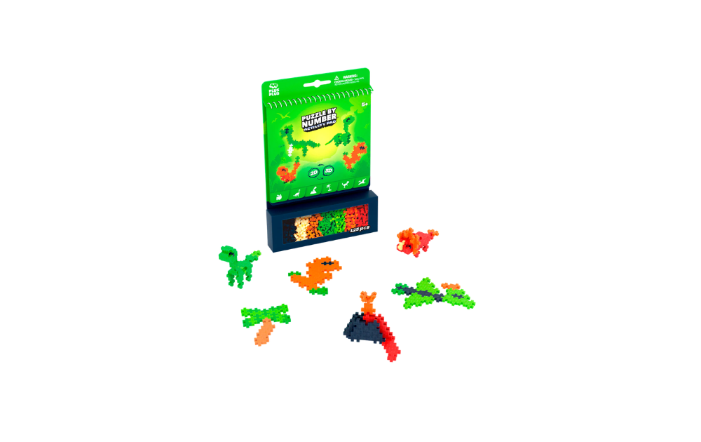 Plus Plus Activity Pad - Dinosaurs featuring colourful pieces to create dinosaur-themed designs