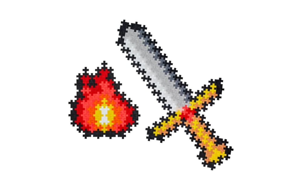 Plus Plus adventure puzzle 250 pieces featuring a pixel art fire and sword design