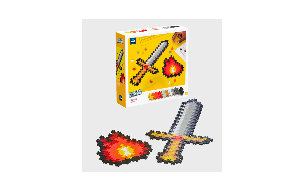 Plus Plus adventure puzzle 250 pieces featuring a colorful sword and flame design