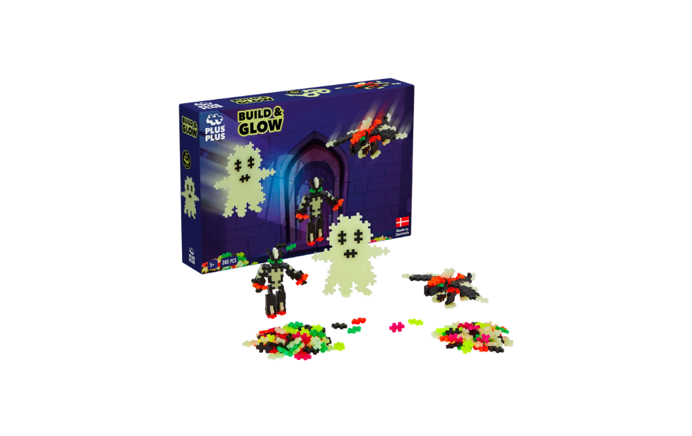 Plus Plus Build & Glow 360 pieces puzzle featuring glow-in-the-dark characters and vibrant building pieces