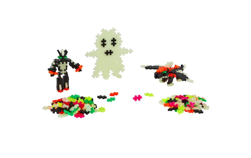 Plus Plus building blocks set featuring colorful characters and various shapes for creative construction