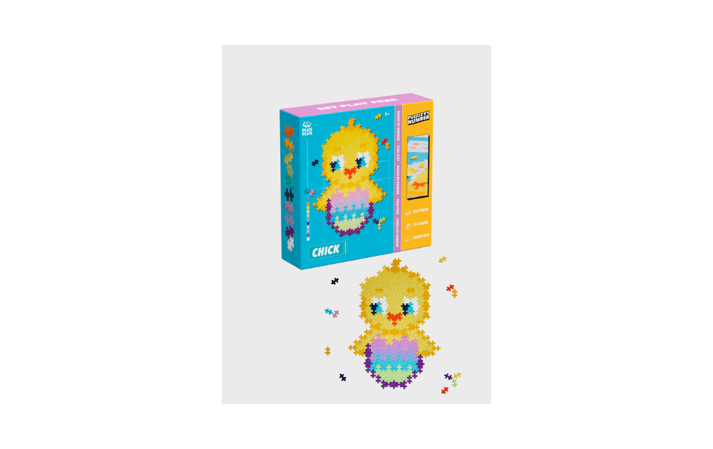 Plus Plus Chick Puzzle 250 pieces box with completed colorful chick design and loose pieces