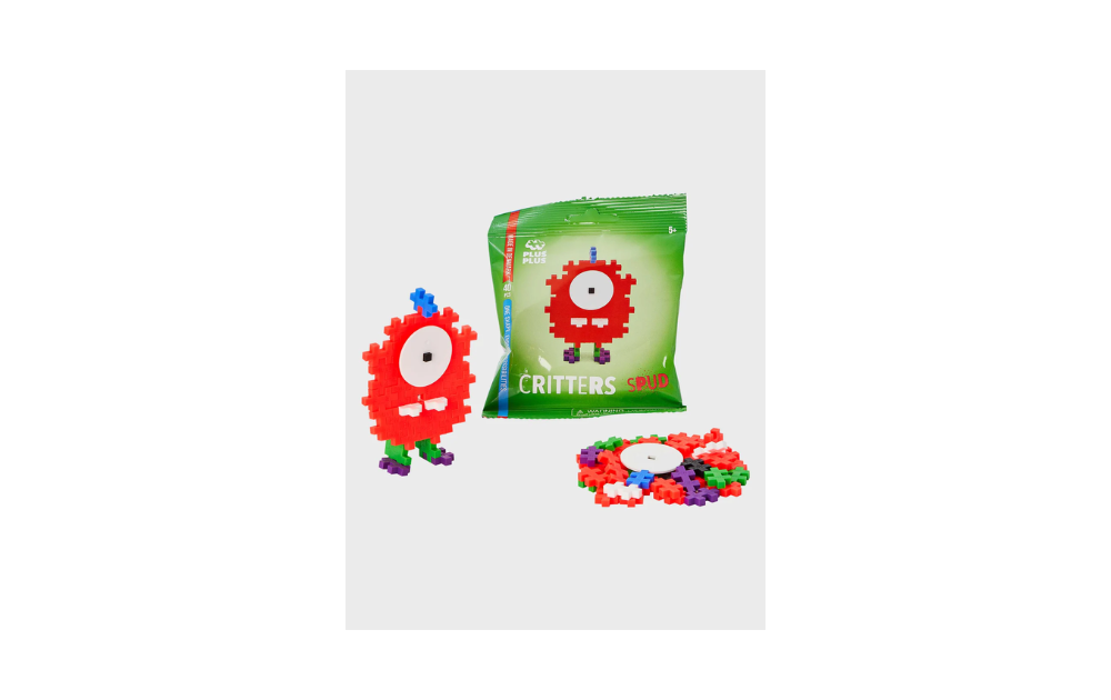 Plus Plus Critters building set featuring colorful pieces and a completed critter model