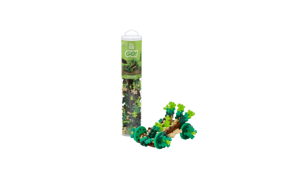 Plus Plus Earth Car construction set in a tube, featuring green and brown puzzle pieces for creative play