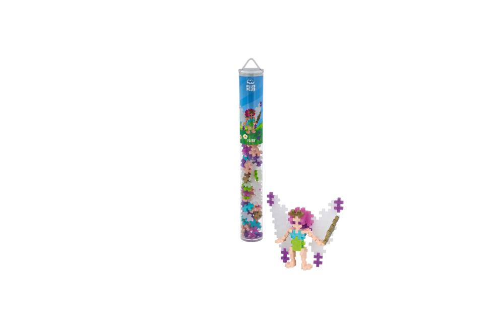 Plus Plus Fairy 100 piece puzzle featuring a colourful fairy and a tube for easy storage