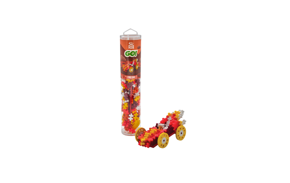Plus Plus Fire Car building set with colourful pieces and wheels for creative play