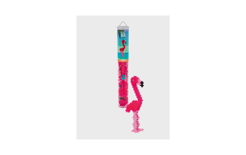 Plus Plus Flamingo building set in a 100-piece tube with a colorful flamingo model created from the pieces