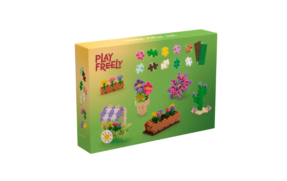 Plus Plus flower shop building set puzzle with colorful flower and plant designs by Plus Plus